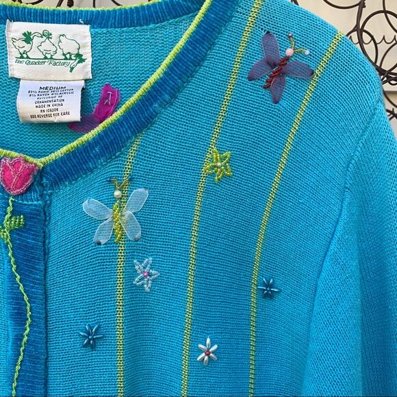 Quacker Factory blue cardigan spring flowers embroidered embellished MEDIUM - Picture 6 of 7